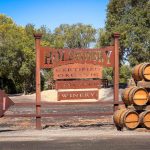 Buhl ID 9 Large wooden sign reading Holesinsky Certified Organic Vineyard Winery stands by a fence with stacked wine barrels and a smaller sign displaying J H, surrounded by trees and dirt ground.